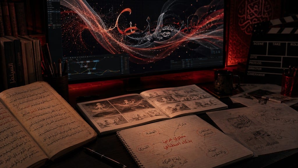 Desk with Arabic books, storyboards, notebook mind map on Arabic AI content, and a monitor with motion graphics