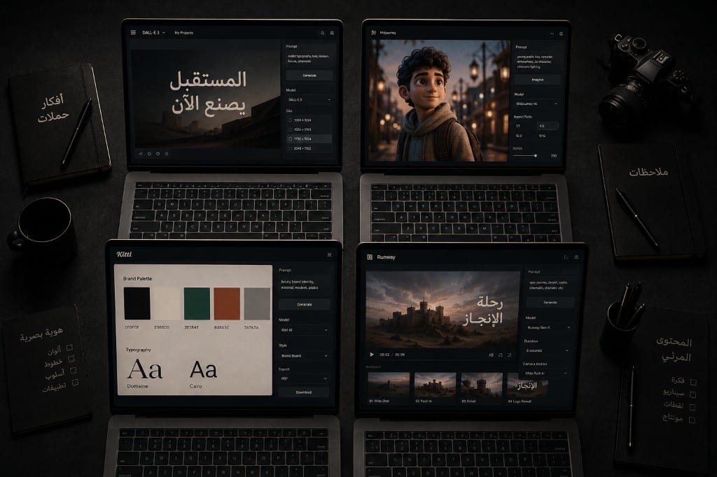 Overhead view of four laptops in a grid showing AI creative interfaces with Arabic content