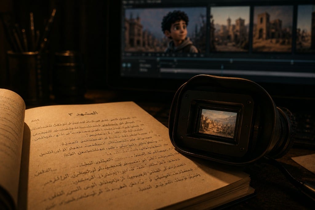 Arabic script book on a desk with a director viewfinder and edit suite showing animated scene
