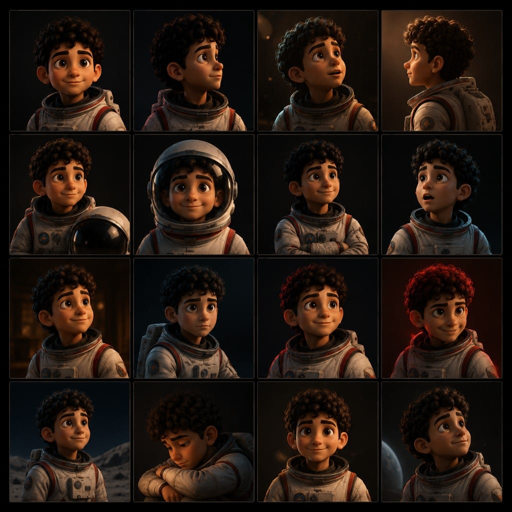 4x4 reference grid of the same child astronaut character in varied lighting and expressions