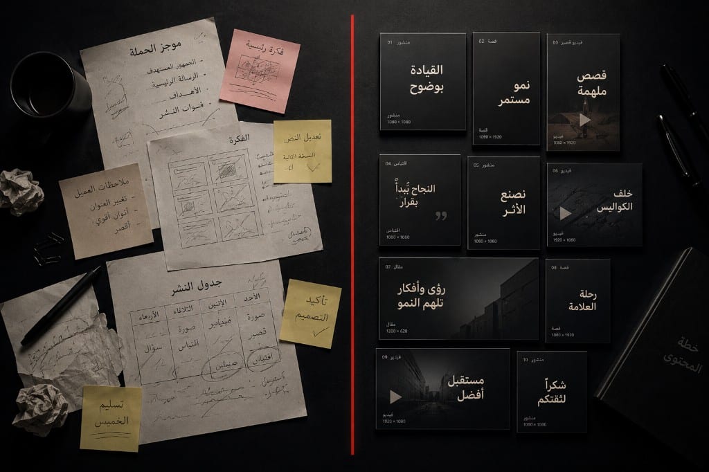 Split desk flat lay: scattered Arabic briefs and notes versus neat modular content tiles, divided by a red line