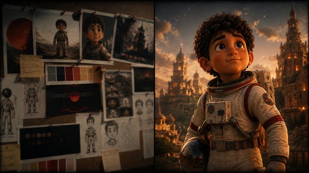 Split view: corkboard mood sketches and palettes beside a finished 3D astronaut boy in a golden fantasy city