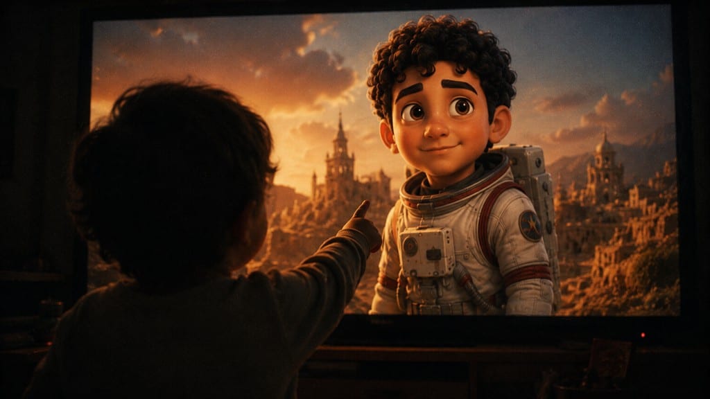 Child seen from behind pointing at a TV showing an animated astronaut boy in a golden fantasy city