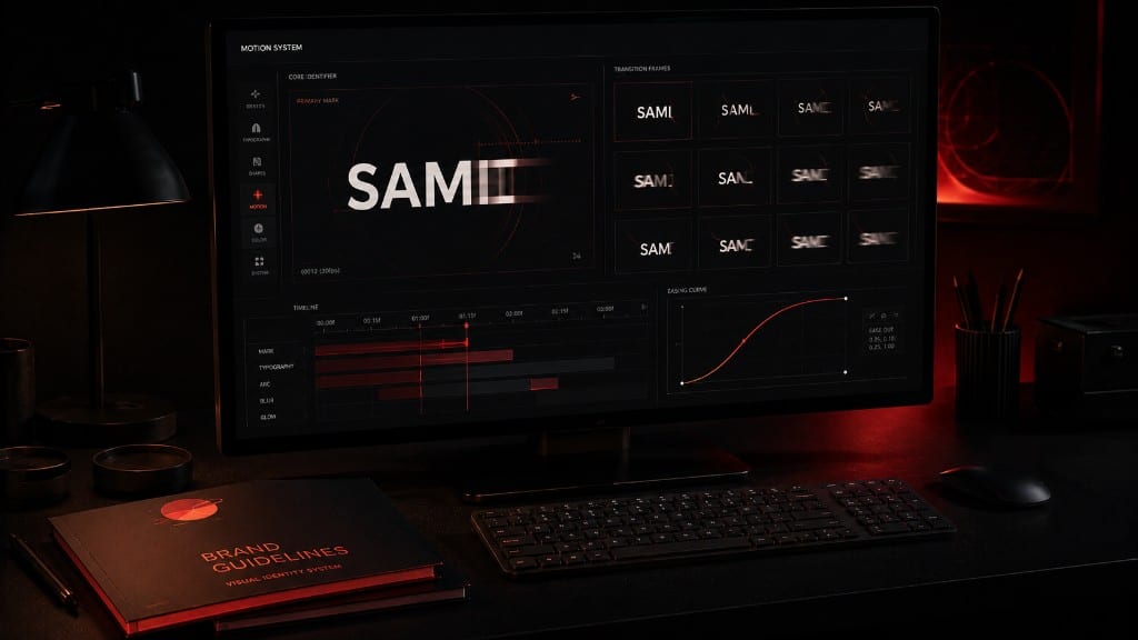 Monitor showing a motion system UI with logo animation timeline and brand guidelines book on the desk