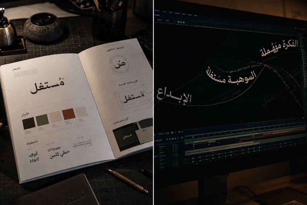 Arabic brand guideline book beside a monitor showing Arabic motion typography