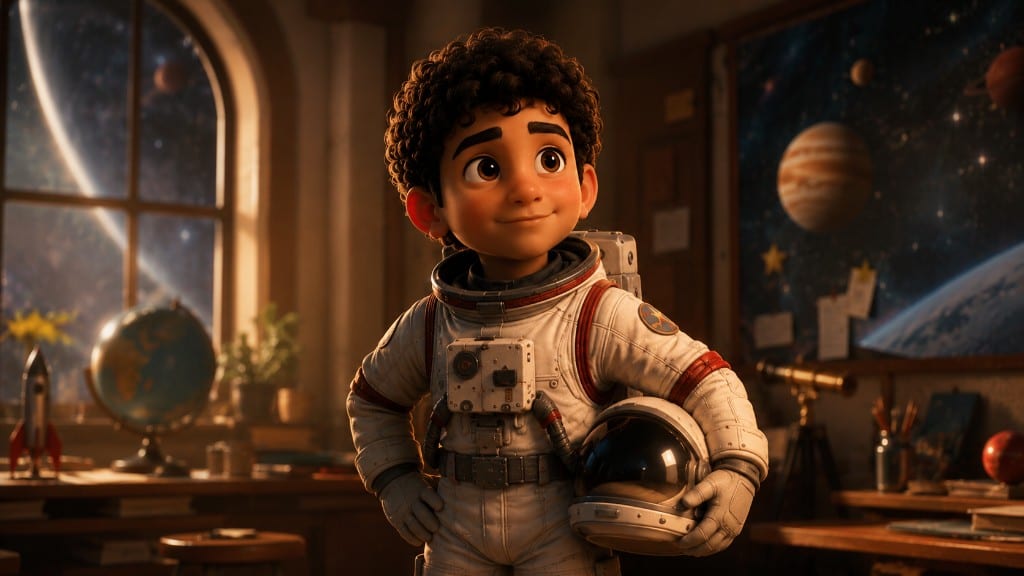 3D animated boy in a worn astronaut suit holding his helmet in a sunlit space-themed classroom