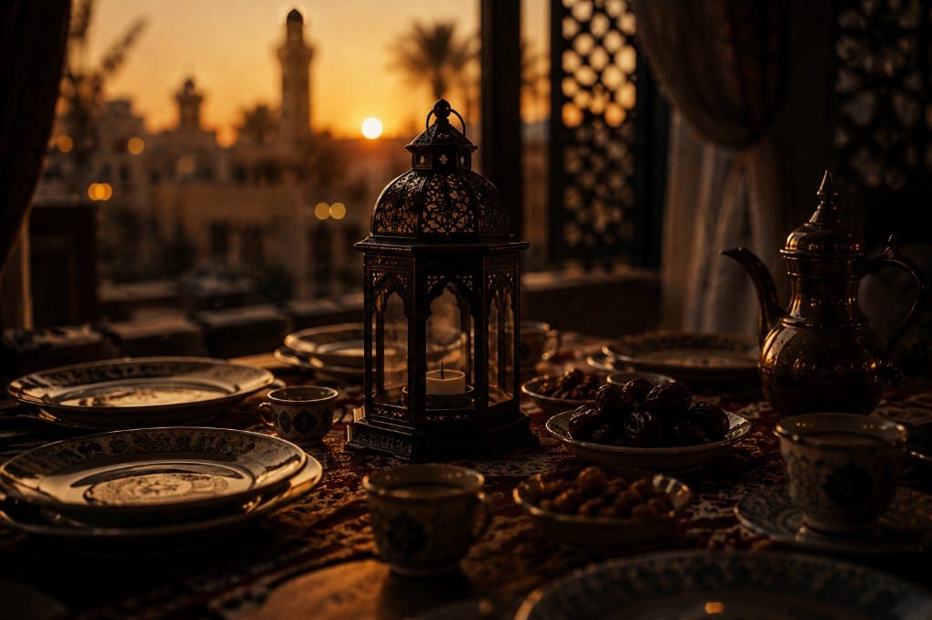 Golden-hour Ramadan table with lantern, Arabic ceramics, dates and skyline silhouette