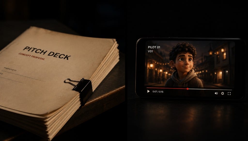 Split scene: binder-clipped pitch deck beside a phone playing an animated character pilot