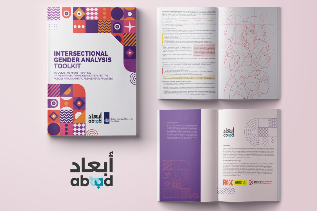 Intersectional Gender Analysis Toolkit publication mockup for Abaad — purple and orange geometric cover and interior spreads.