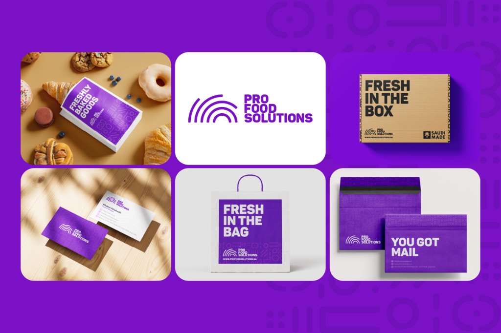 Pro Food Solutions brand mockups: packaging, bags, mailers, and stationery on purple.