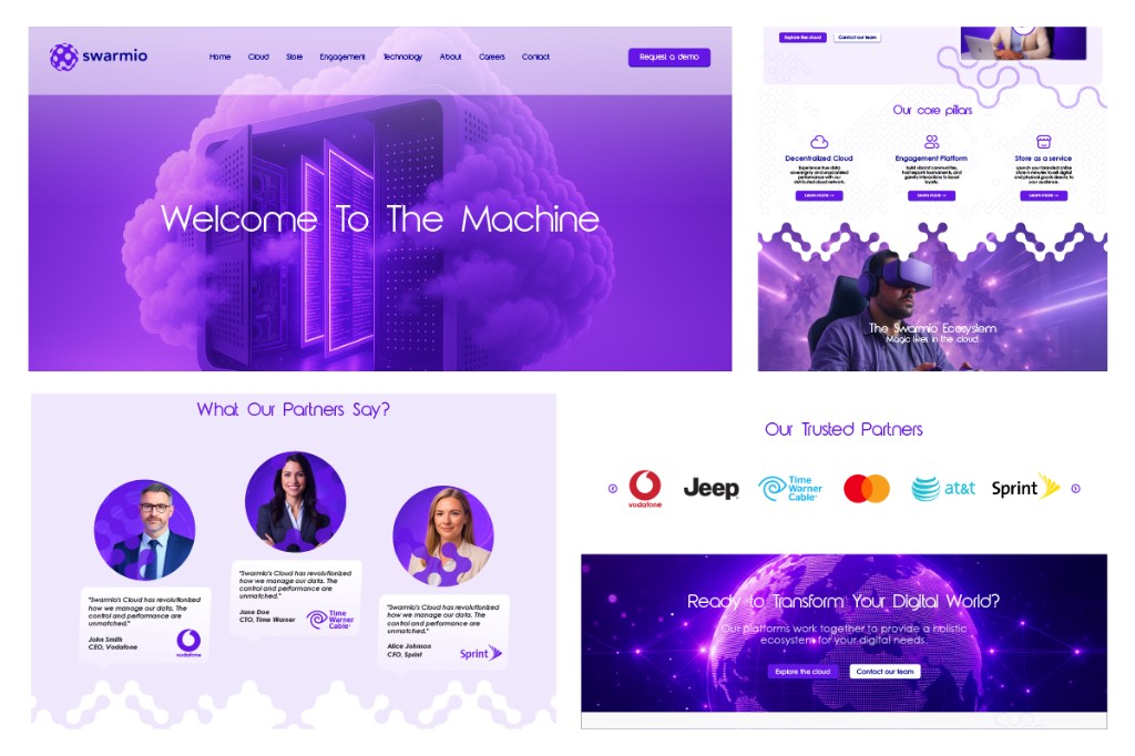 Swarmio web design concept — purple gradient hero with cloud and server rack, core pillars, testimonials, partner logos, and footer globe CTA.