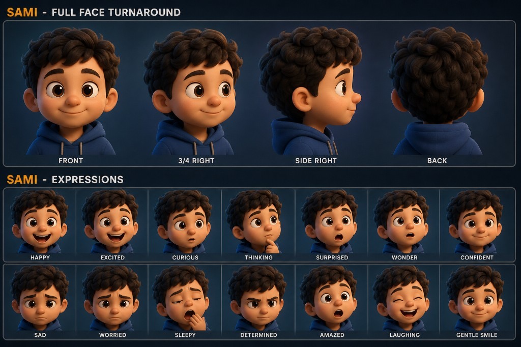 Sami character turnaround, poses, and expression reference sheet