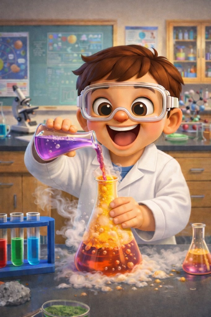 Sami wearing safety goggles and conducting a glowing experiment